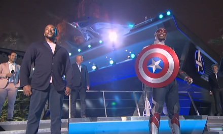Anthony Mackie hands Sam Wilson / Captain America his shield at AVENGERS CAMPUS grand opening ceremony