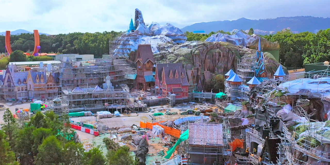 Drone footage reveals on-going look at World of Frozen expansion coming to Hong Kong Disneyland